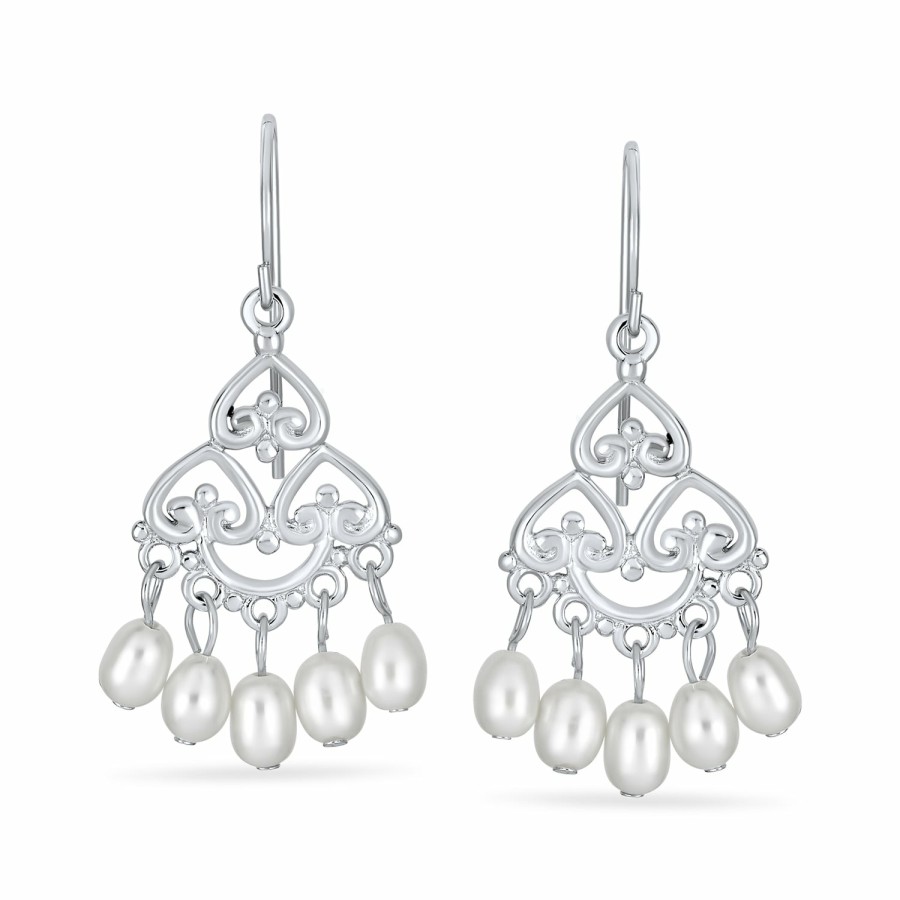 Shop Women Bling Jewelry Chandelier Earrings | Freshwater Pearl Filigree Chandelier Earrings .925 Sterling Silver