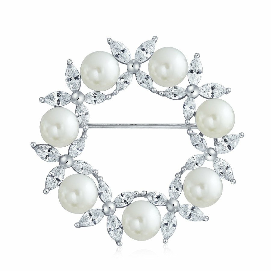 Shop Women Bling Jewelry Pins & Brooches | Holiday Bridal Crystal Pearl Circle Leaf Wreath Scarf Brooch Pin