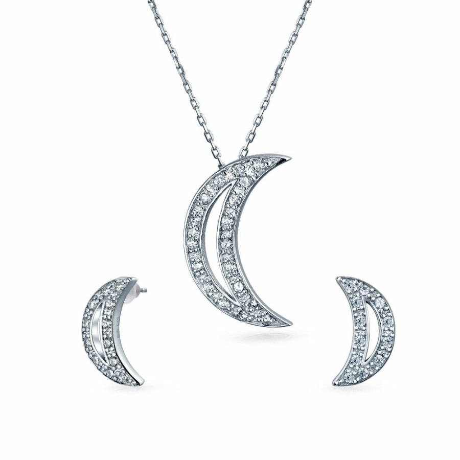 Shop Women Bling Jewelry Pendant Necklaces | Celestial Crescent Moon Pendant Cz Necklace Earring Sterling Silver