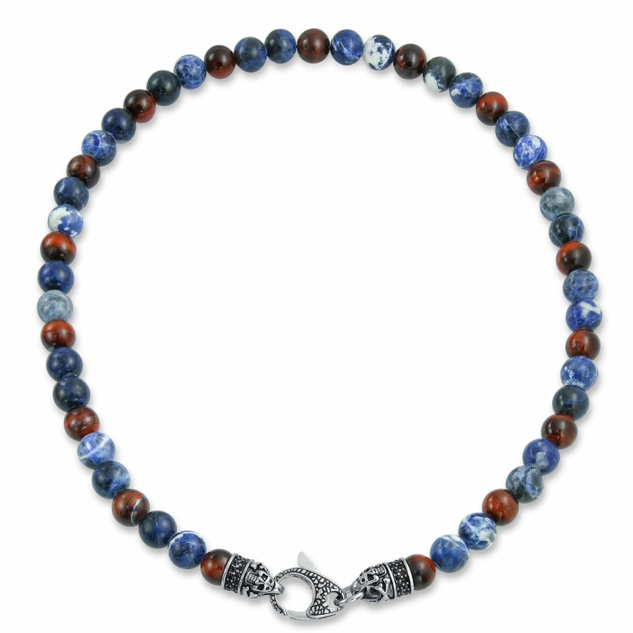 Shop Men Bling Jewelry Mens Pendants & Dog Tags | Bali Style Gemstone Blue Sodalite Tiger Eye Ball Bead Strand Necklace