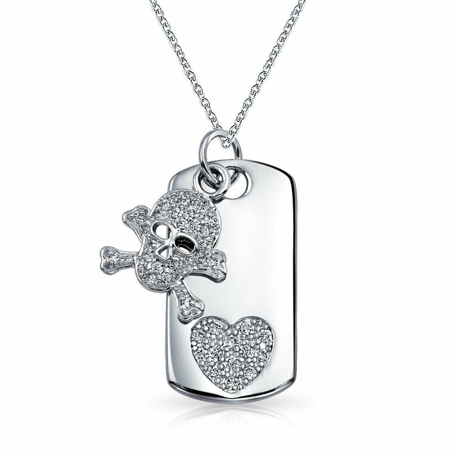 Shop Men Bling Jewelry Mens Pendants & Dog Tags | Skull Heart Crossbones Cubic Zirconia Dog Tag Pendant Plated Silver