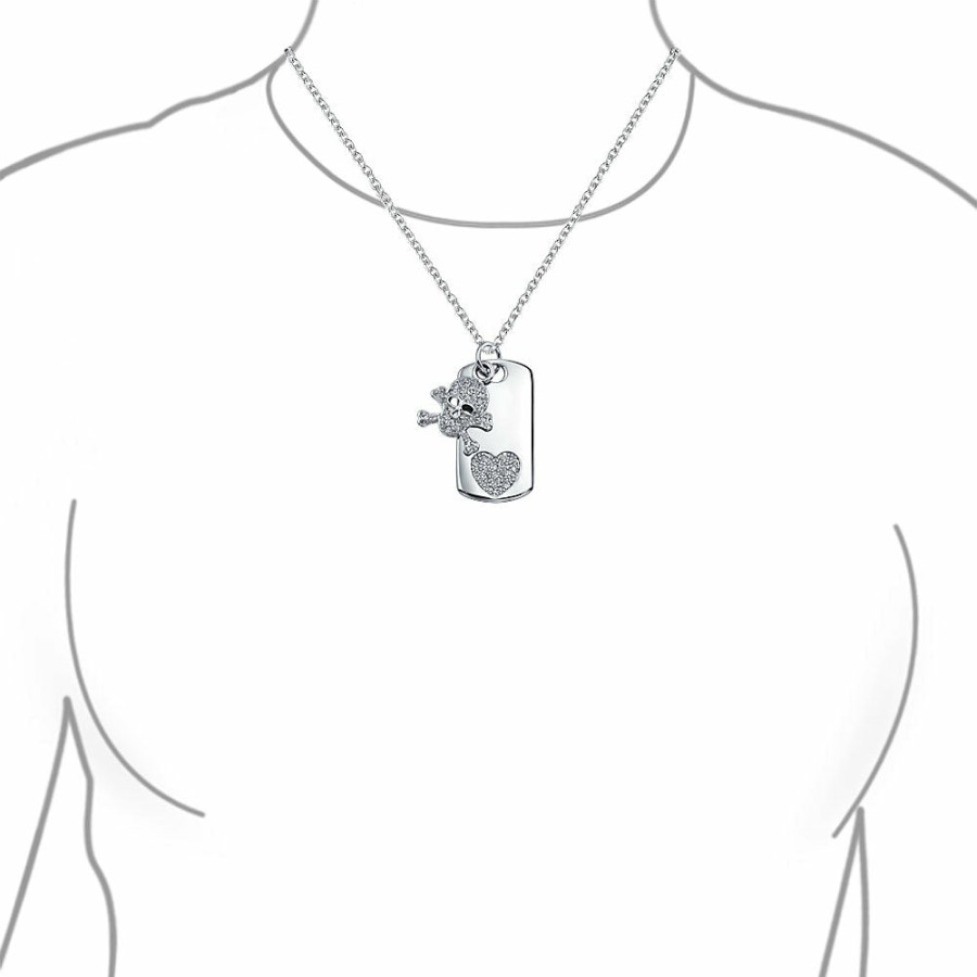 Shop Men Bling Jewelry Mens Pendants & Dog Tags | Skull Heart Crossbones Cubic Zirconia Dog Tag Pendant Plated Silver