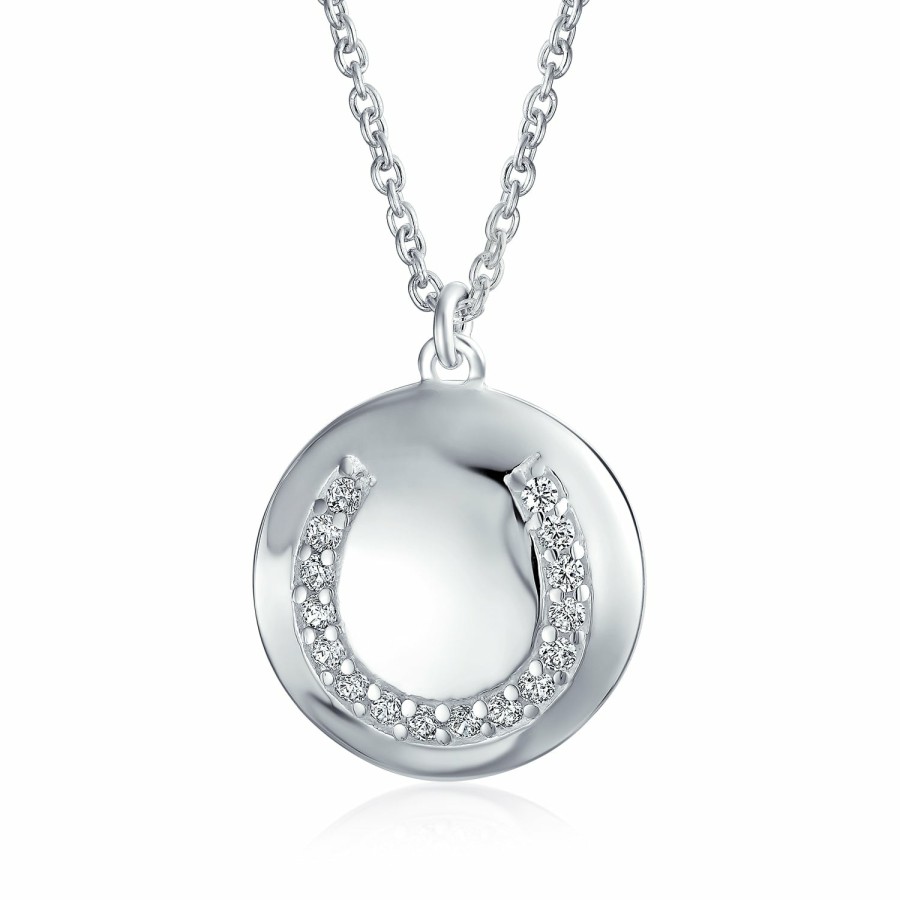 Shop Women Bling Jewelry Engravable Necklaces | Good Luck Circle Disc Western Horseshoe Pendant Necklace .925 Silver