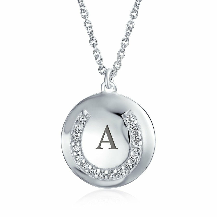 Shop Women Bling Jewelry Engravable Necklaces | Good Luck Circle Disc Western Horseshoe Pendant Necklace .925 Silver