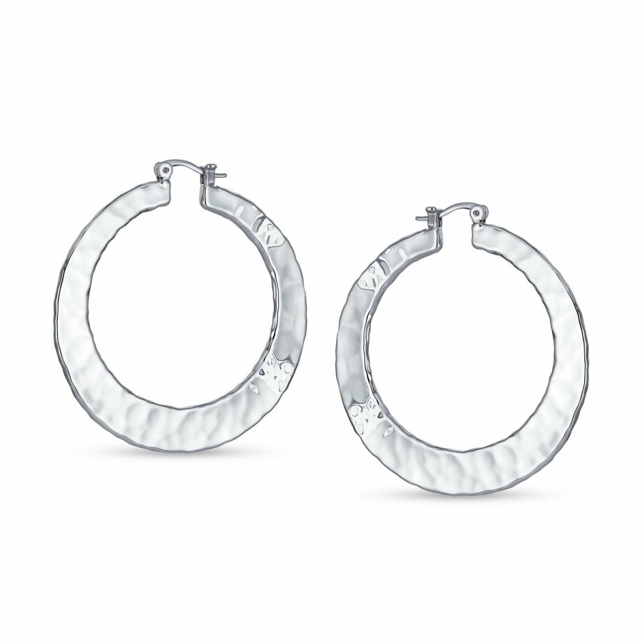 Shop Women Bling Jewelry Hoops Huggies Earrings | Boho Style Hammered Large Hoop Earrings Gold Plated 2 Inch Silver