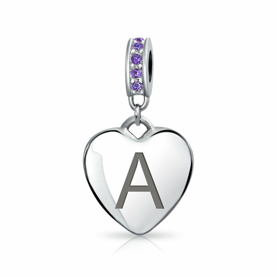 Shop Women Bling Jewelry Alphabet Beads | Heart Dangle Bead Charm Crystal Purple February .925 Sterling Silver