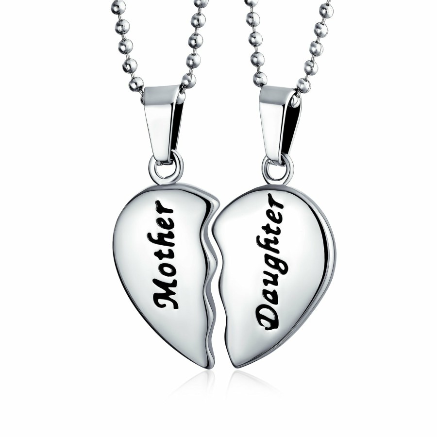 Shop Women Bling Jewelry Engravable Necklaces | Mother Daughter Split Heart Break Apart Stainless Steel Puzzle Pendant Silver Tone