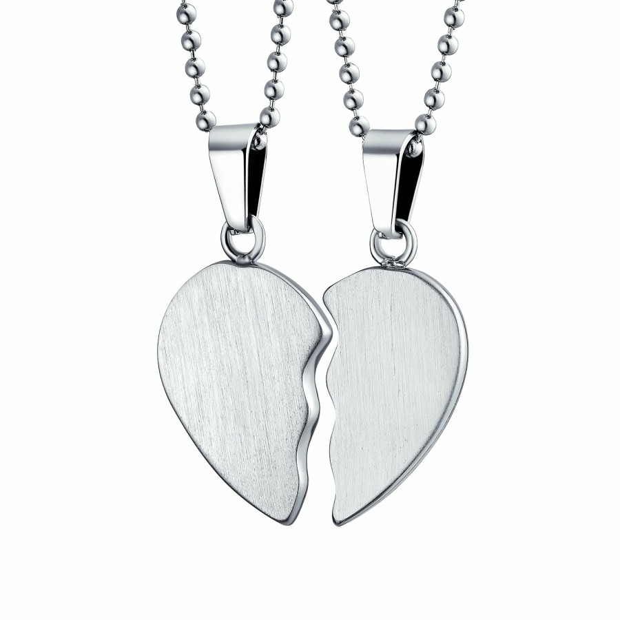 Shop Women Bling Jewelry Engravable Necklaces | Mother Daughter Split Heart Break Apart Stainless Steel Puzzle Pendant Silver Tone