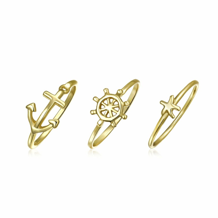 Shop Women Bling Jewelry Delicate Midi Rings | Anchor Wheel Starfish Gold Plated Sterling Silver Midi Knuckle Ring