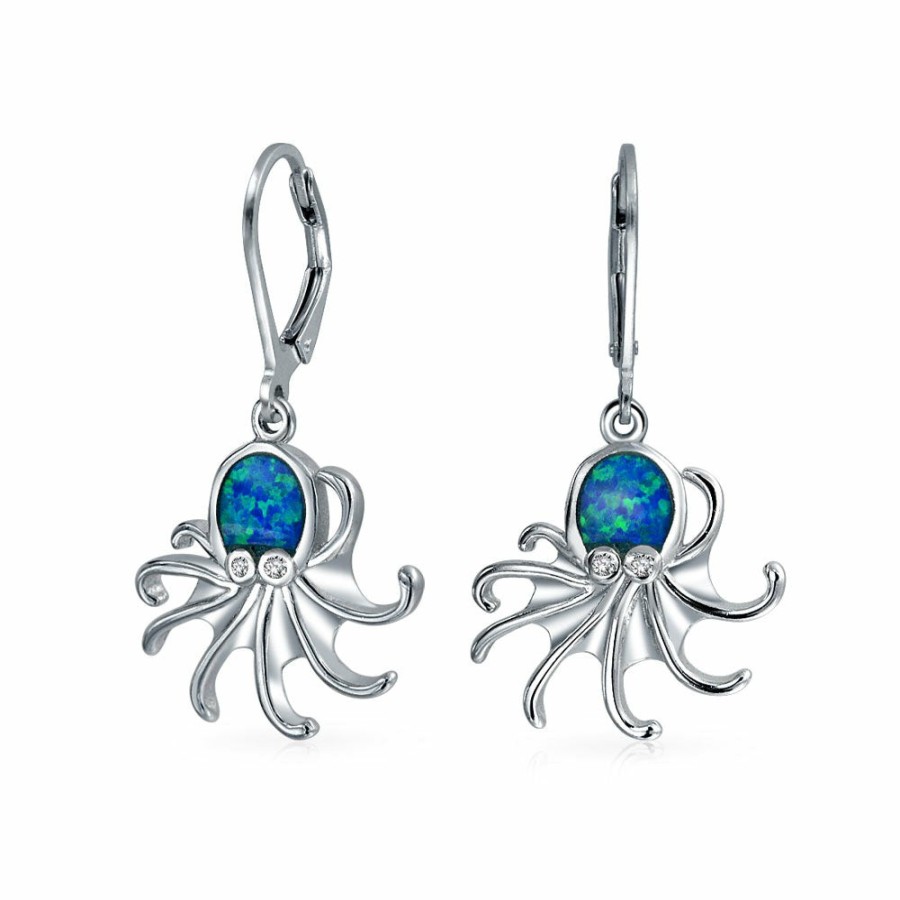 Shop Women Bling Jewelry Dangle Drop Earrings | Blue Created Opal Lever Back Octopus Earrings .925 Sterling Silver