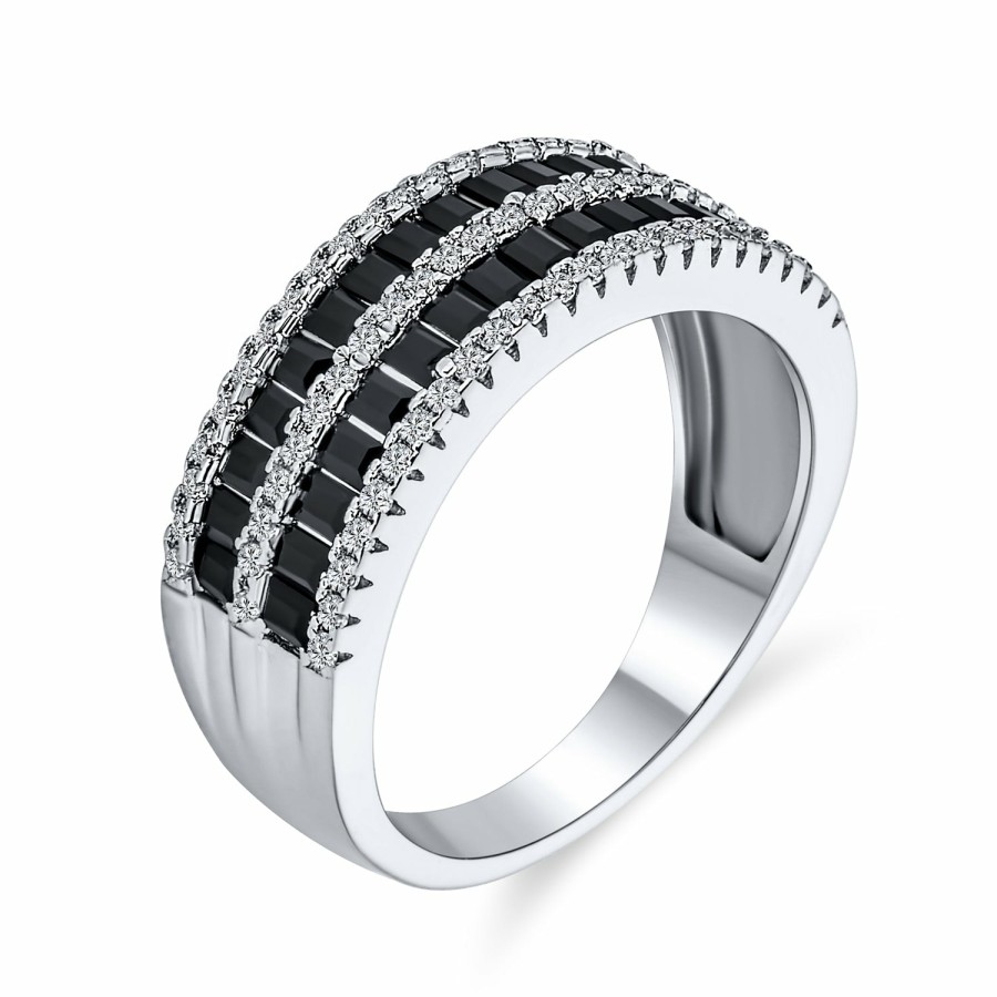 Shop Women Bling Jewelry Engravable Rings | Two Tone And White Pave 1/2 Eternity Band Ring Sterling Silver Black