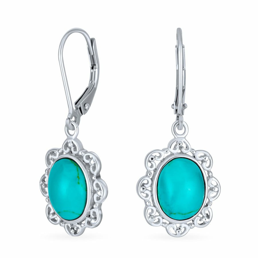 Shop Women Bling Jewelry Dangle Drop Earrings | Vintage Boho Turquoise Filigree Oval Drop Western Earrings .925 Silver