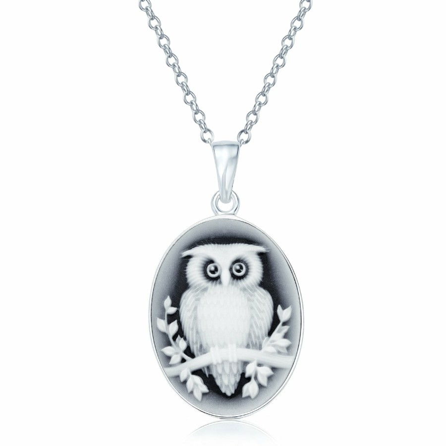 Shop Women Bling Jewelry Engravable Necklaces | Vintage Style Black Oval Wise Owl Cameo Pendant Necklace .925 Silver