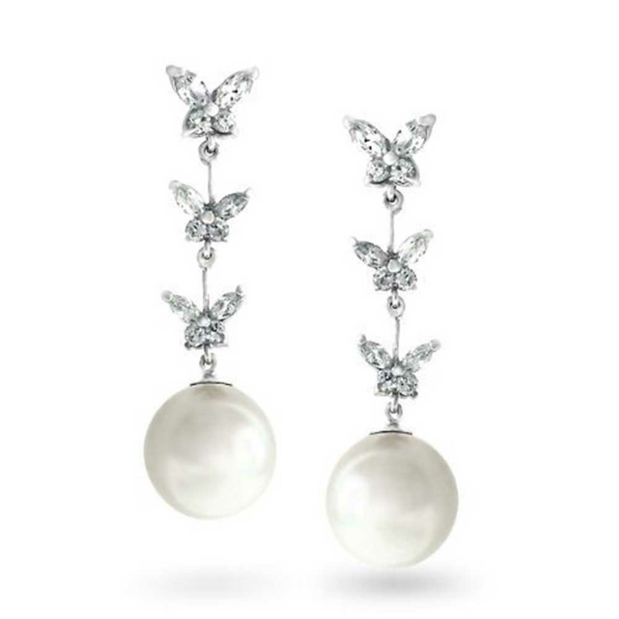 Shop Women Bling Jewelry Dangle Drop Earrings | Bridal Butterfly Cz Dangle Imitation Pearl Earrings Silver Plated