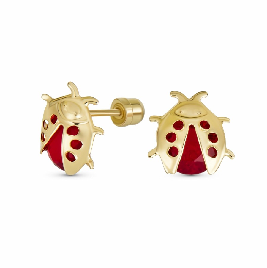 Shop Women Bling Jewelry Stud Earrings | Lucky Red Cz Ladybug Garden Insect Stud Earrings Genuine 14K Gold