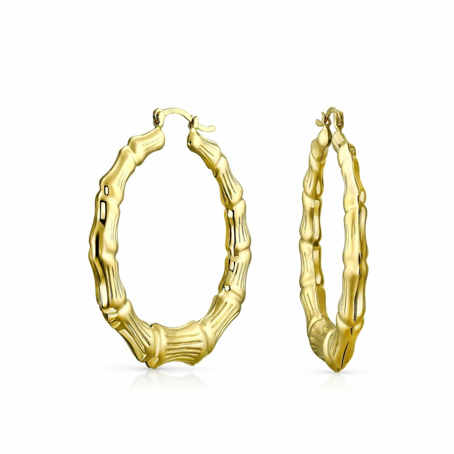 Shop Women Bling Jewelry Hoops Huggies Earrings | Light Weight Big Bamboo Hoop Earrings Gold Plated 3 Sizes