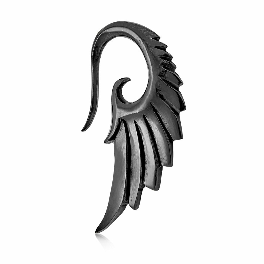 Shop Men Bling Jewelry Mens Earrings | Large Angel Wing Feather Carved Black Buffalo Bone Taper Gauge Earring