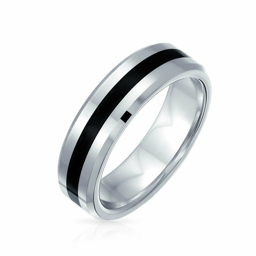 Shop Men Bling Jewelry Mens Engravable Rings | Black Two Tone Stripe Wedding Band Titanium Ring For Men 6Mm Silver