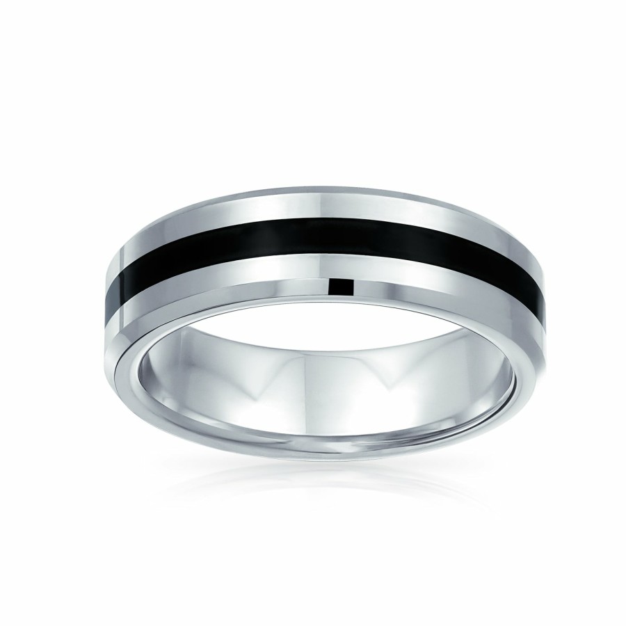 Shop Men Bling Jewelry Mens Engravable Rings | Black Two Tone Stripe Wedding Band Titanium Ring For Men 6Mm Silver