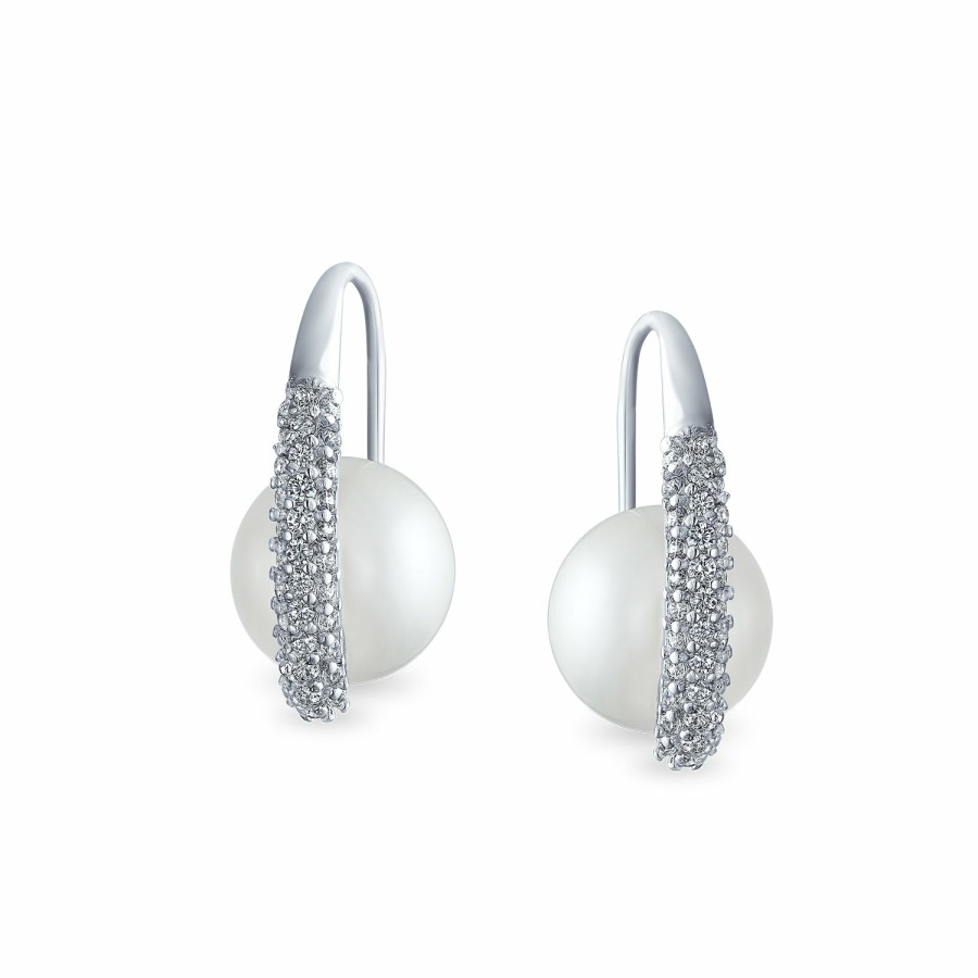 Shop Women Bling Jewelry Stud Earrings | Bridal White Cz Wire Threader Imitation Pearl Earrings Silver Plated