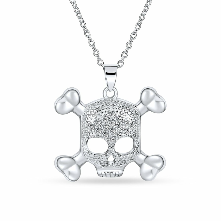 Shop Women Bling Jewelry Pendant Necklaces | Skull Crossbones Cubic Zirconia Pendant Silver Plated Sterling Silver