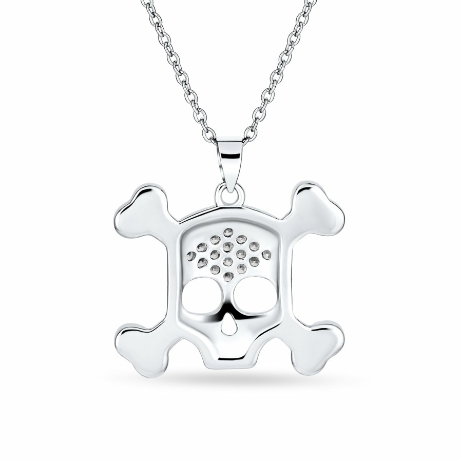 Shop Women Bling Jewelry Pendant Necklaces | Skull Crossbones Cubic Zirconia Pendant Silver Plated Sterling Silver