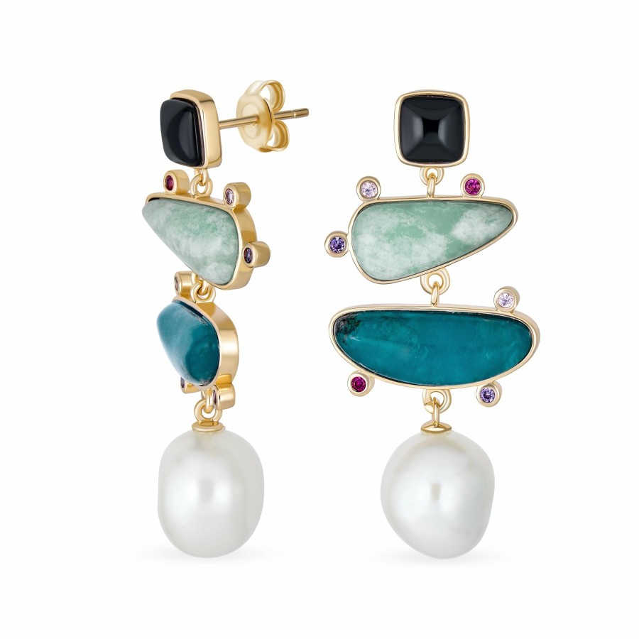 Shop Women Bling Jewelry Dangle Drop Earrings | Blue Green Gemstone Abstract Pearl Dangle Earrings Yellow Gold Plated