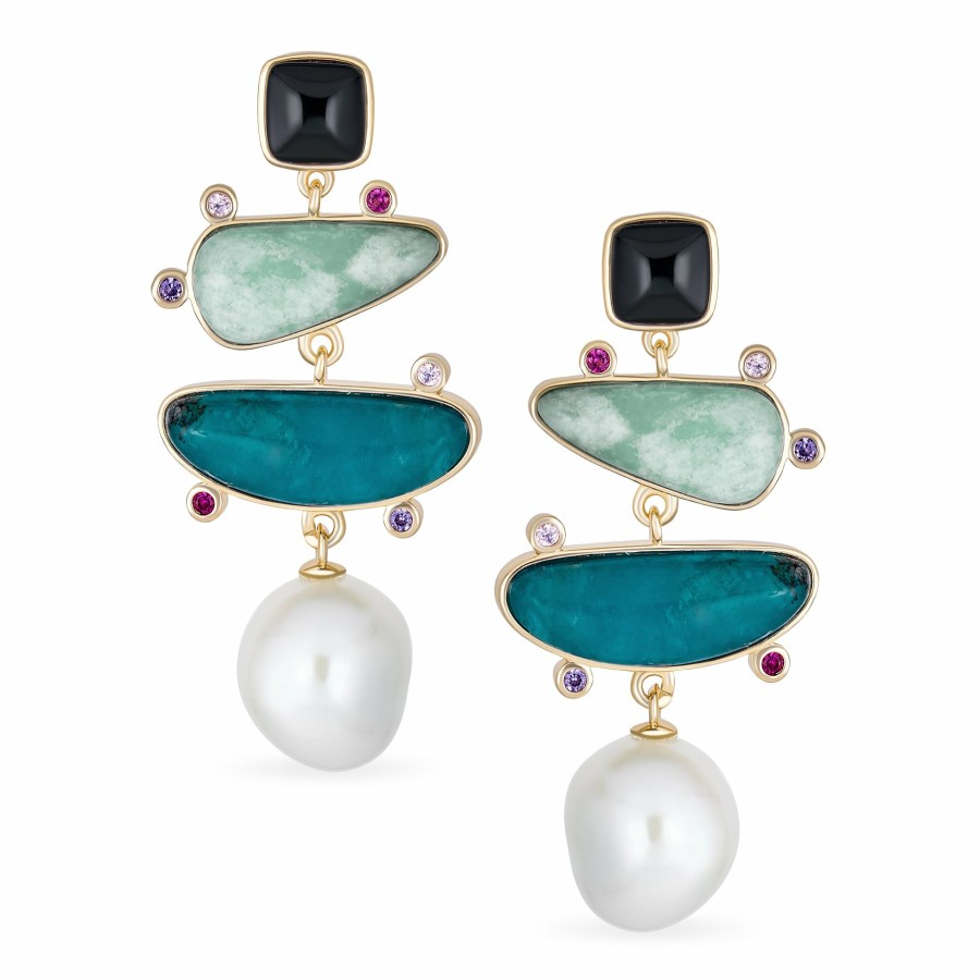 Shop Women Bling Jewelry Dangle Drop Earrings | Blue Green Gemstone Abstract Pearl Dangle Earrings Yellow Gold Plated