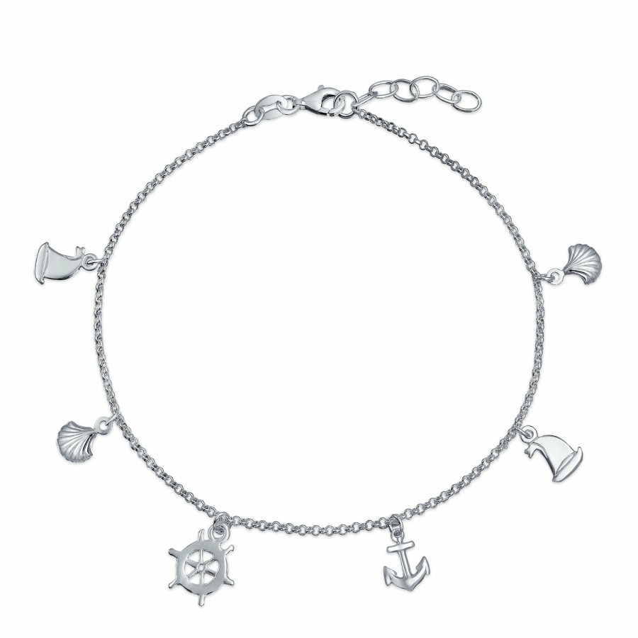 Shop Women Bling Jewelry Ankle Bracelets | Charm Dangle Anchor Sailboat Ship Wheel Anklet .925 Sterling Silver