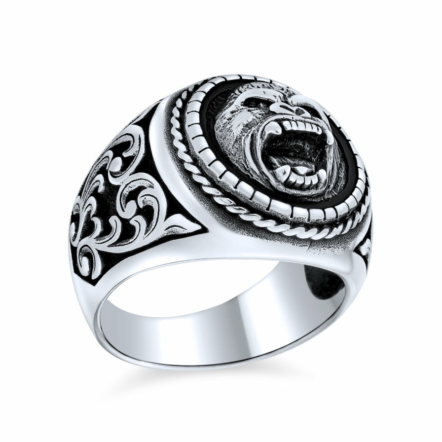 Shop Men Bling Jewelry Mens Engravable Rings | Mens Big Jungle Ape Gorilla Head Signet Ring Solid .925 Sterling Silver