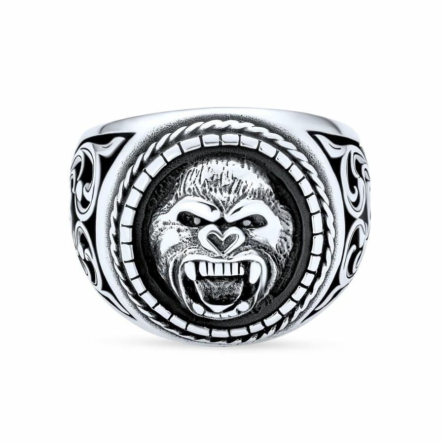 Shop Men Bling Jewelry Mens Engravable Rings | Mens Big Jungle Ape Gorilla Head Signet Ring Solid .925 Sterling Silver