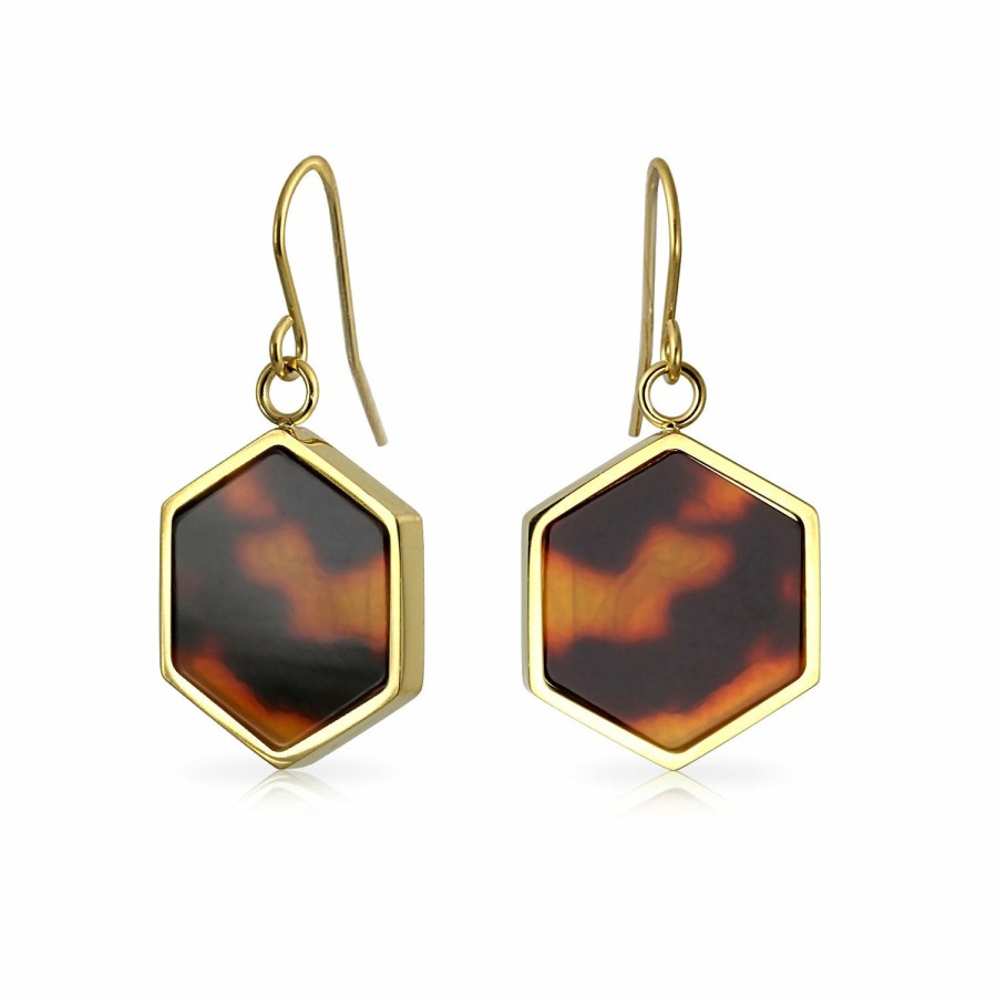 Shop Women Bling Jewelry Dangle Drop Earrings | Hexagon Brown Tortoise Drop Earrings Gold Plated Stainless Steel