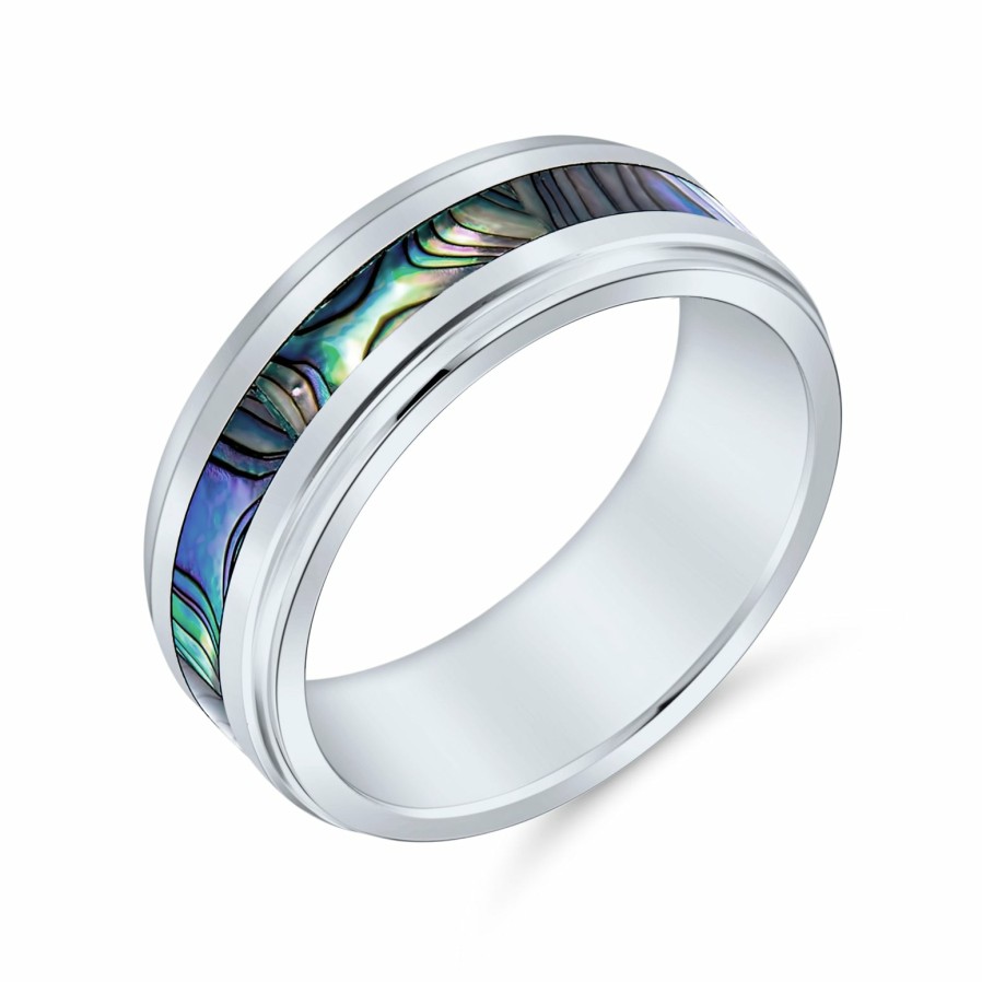 Shop Men Bling Jewelry Mens Engravable Rings | Rainbow Abalone Inlay Couples Wedding Band Titanium Rings For Men 8Mm Silver