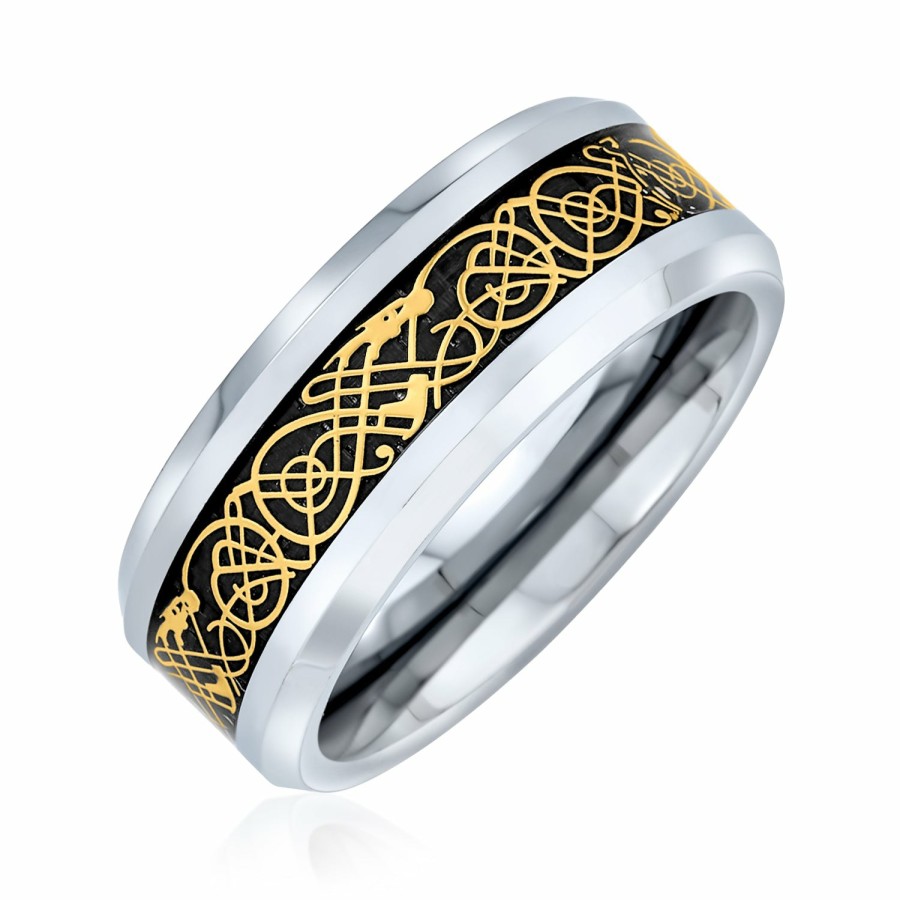 Shop Women Bling Jewelry Wedding Bands | Two Tone Celtic Dragon Inlay Silver Gold Titanium Wedding Band Ring