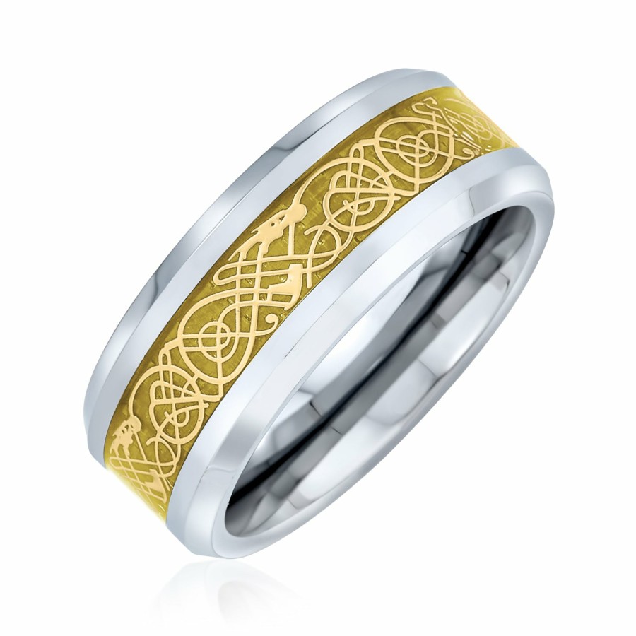 Shop Women Bling Jewelry Wedding Bands | Two Tone Celtic Dragon Inlay Silver Gold Titanium Wedding Band Ring