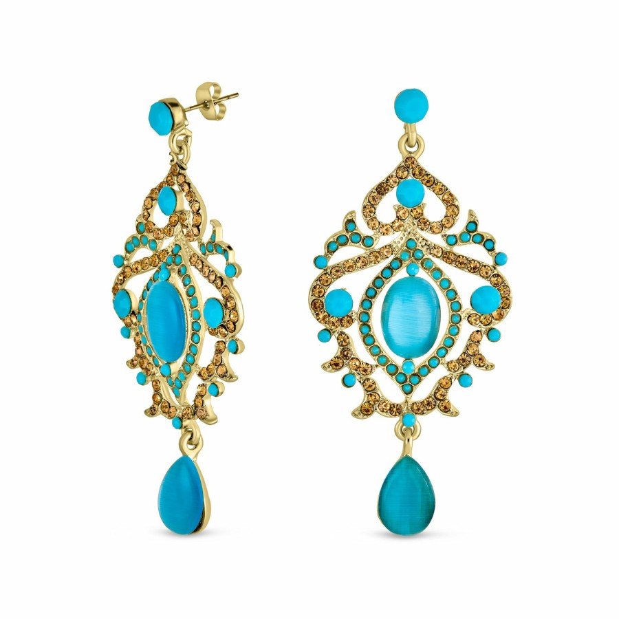 Shop Women Bling Jewelry Chandelier Earrings | Aqua Blue Cat Eye Crystal Statement Chandelier Earring Gold Plated