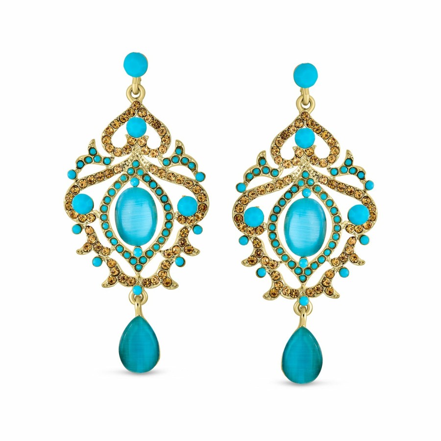 Shop Women Bling Jewelry Chandelier Earrings | Aqua Blue Cat Eye Crystal Statement Chandelier Earring Gold Plated