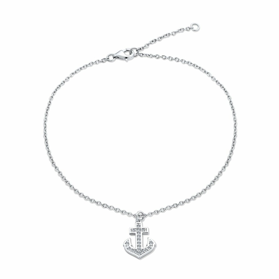 Shop Women Bling Jewelry Delicate Bracelets | Boat Anchor Dangle Charm Anklet Cubic Zirconia .925 Sterling Silver