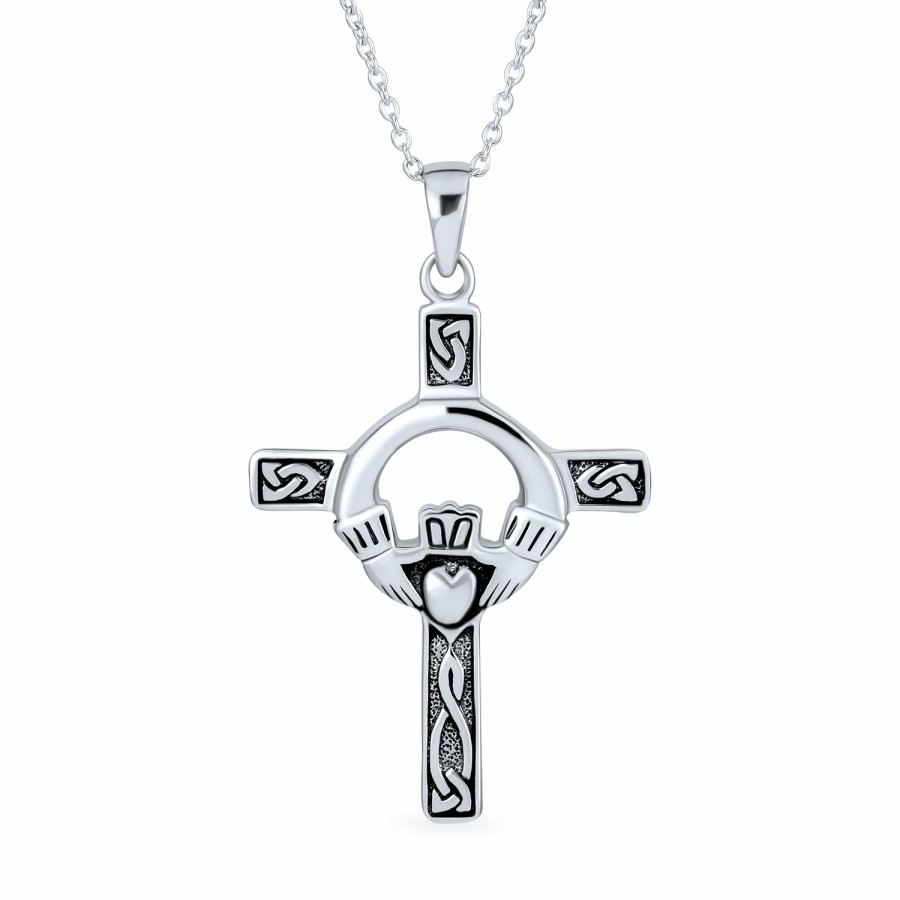 Shop Women Bling Jewelry Pendant Necklaces | Celtic Trinity Cross Claddagh Knot Pendant Sterling Silver Necklace