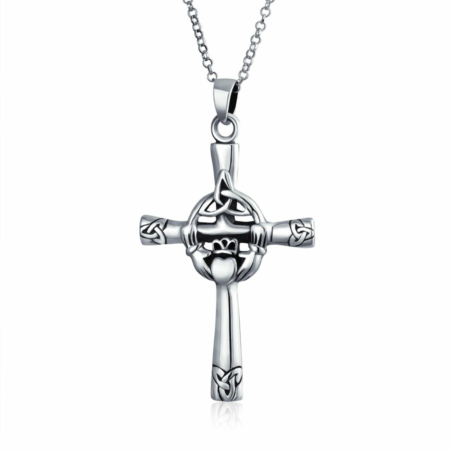 Shop Women Bling Jewelry Pendant Necklaces | Celtic Trinity Cross Claddagh Knot Pendant Sterling Silver Necklace