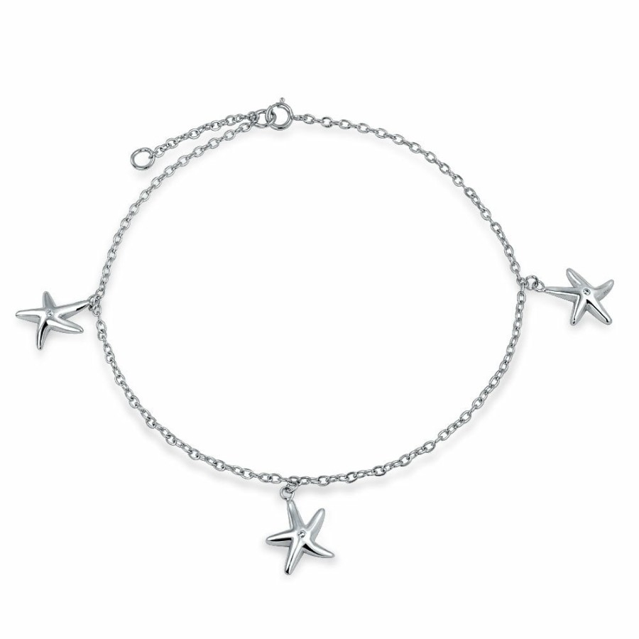 Shop Women Bling Jewelry Delicate Bracelets | 3 Trio Multi Starfish Charm Anklet Link Ankle Bracelet Sterling Silver