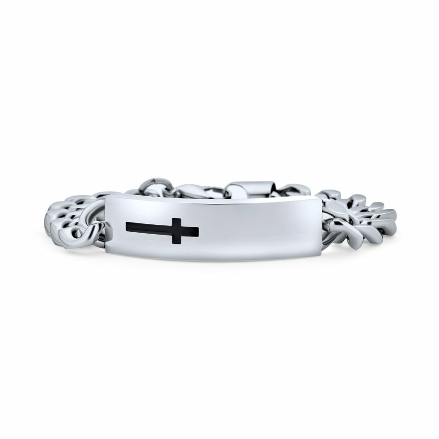 Shop Men Bling Jewelry Mens Engravable Bracelets | Mens Religious Lords Prayer Bracelet Sideways Cross Stainless Steel Silicone