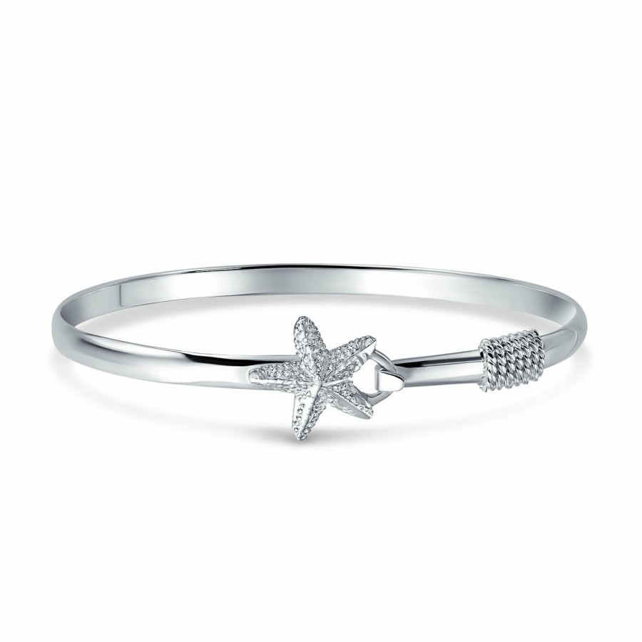 Shop Women Bling Jewelry Engravable Bracelets | Nautical Starfish Beach Bangle Bracelet .925 Sterling Silver Eye Hook