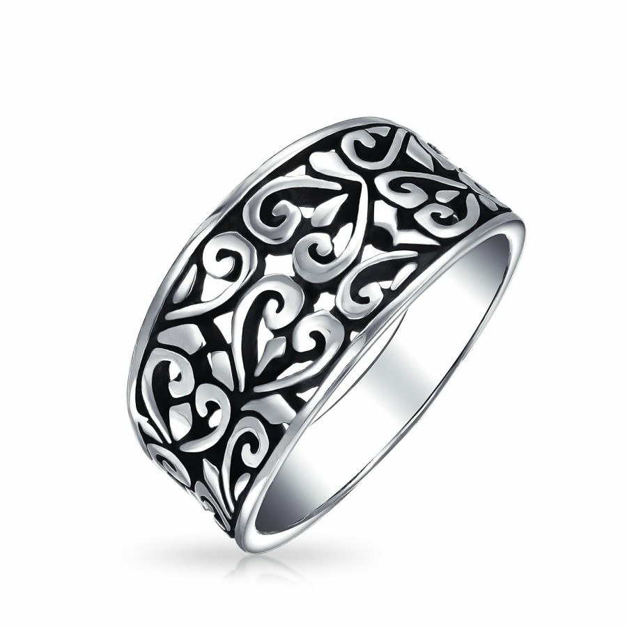 Shop Women Bling Jewelry Engravable Rings | Boho 925 Sterling Silver Open Swirl Hearts Filigree Wide Band Ring 4Mm