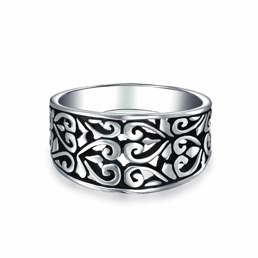 Shop Women Bling Jewelry Engravable Rings | Boho 925 Sterling Silver Open Swirl Hearts Filigree Wide Band Ring 4Mm