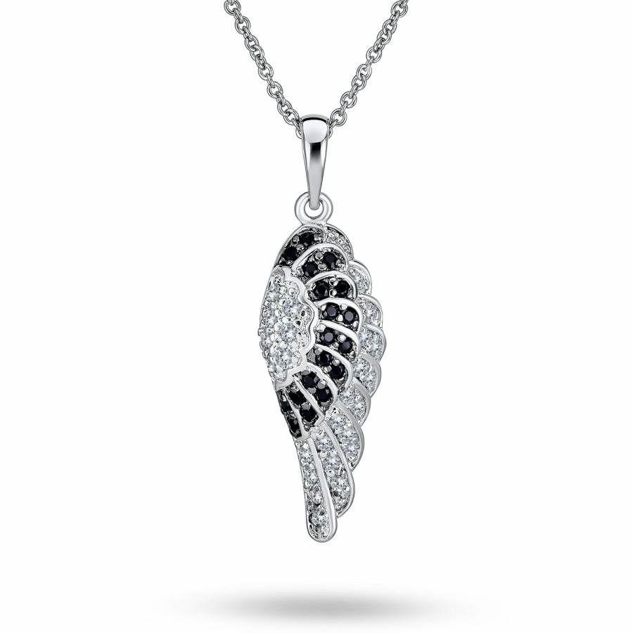 Shop Women Bling Jewelry Pendant Necklaces | Angel Wing Black White Pave Cz Silver Plated Dangle Pendant Necklace