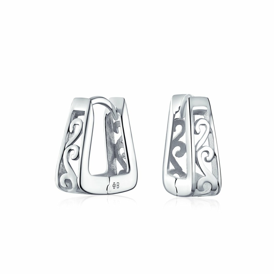 Shop Women Bling Jewelry Hoops Huggies Earrings | Square Pyramid Scroll Swirl Kpop Hoop Earrings Hoop Sterling