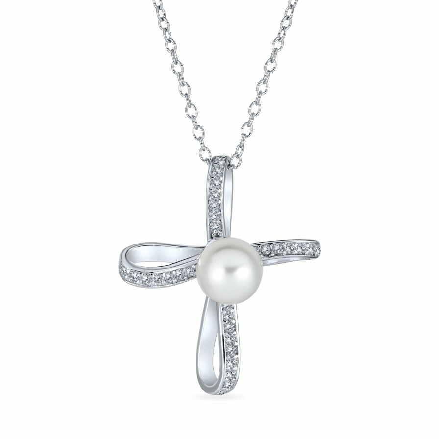 Shop Women Bling Jewelry Pendant Necklaces | Vintage Bridal White Pearl Infinity Cross Necklace Pendant .925 Silver