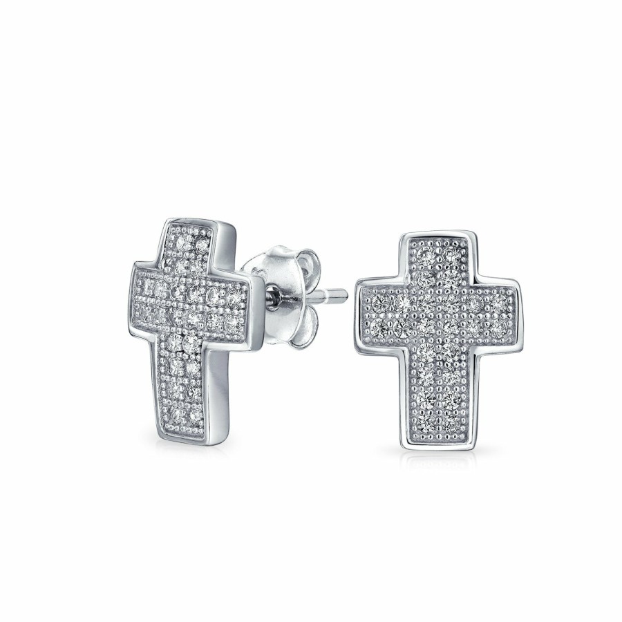 Shop Women Bling Jewelry | Cross Religious Communion Cz Micro Pave Stud Earrings Sterling Silver