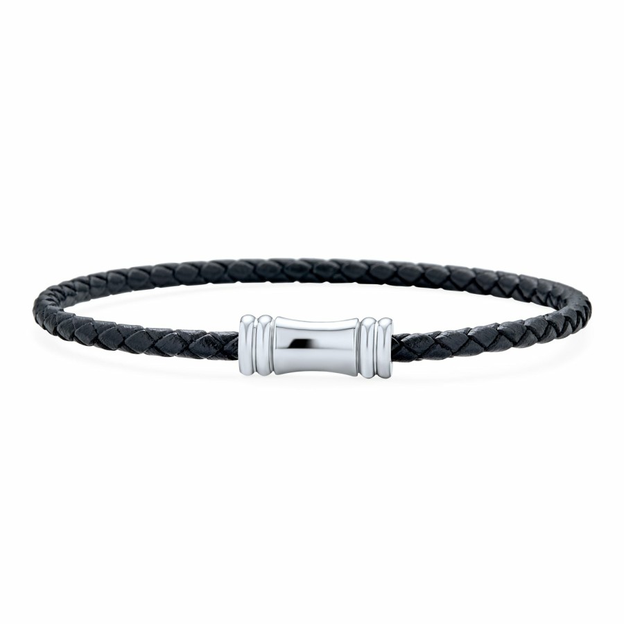 Shop Women Bling Jewelry Wrap Stretch Bracelets | Black Woven Braided Cord Strand Leather Bracelet Magnetic Steel